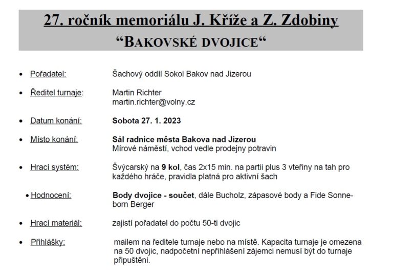 Bakovské dvojice – 27. ročník memoriálu J. Kříže a Z. Zdobiny hraný jako krajský přebor SŠS