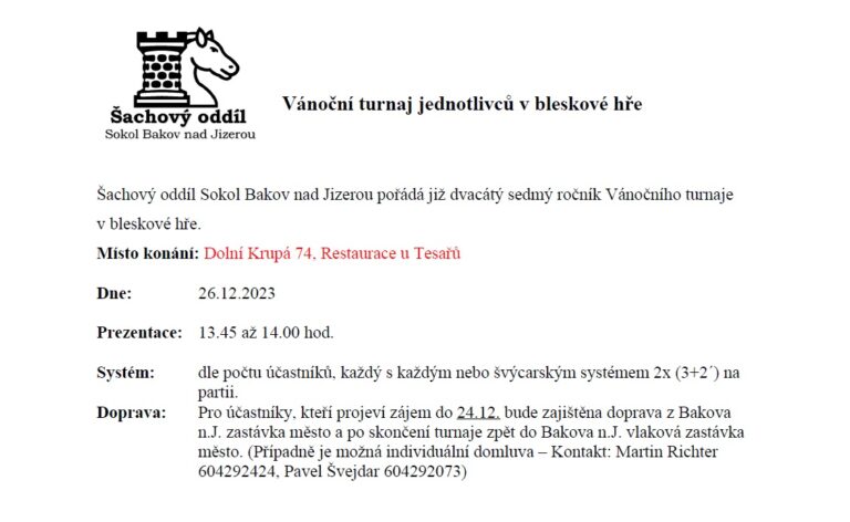 Vánoční turnaj jednotlivců v bleskové hře Bakov – 27. ročník