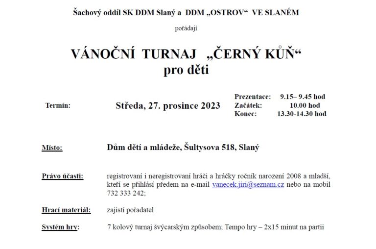 Vánoční turnaj pro děti “Černý kůň” 2023 – Slaný