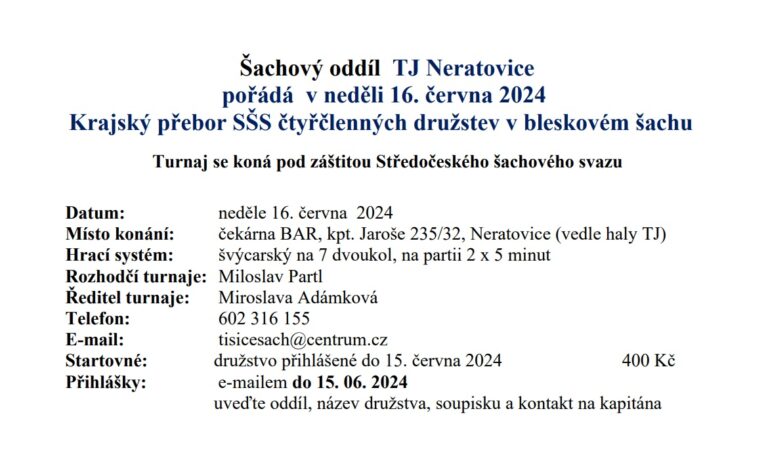 !! ZRUŠENO !!   Krajský přebor SŠS v bleskovém šachu družstev – Neratovice 16. 6. 2024 (KP SŠS)