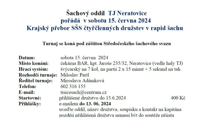 Krajský přebor SŠS v rapid šachu družstev – Neratovice 15. 6. 2024 (KP SŠS)