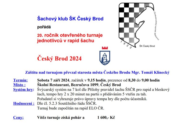 Český Brod 2024 – 20. ročník otevřeného turnaje jednotlivců v rapid šachu