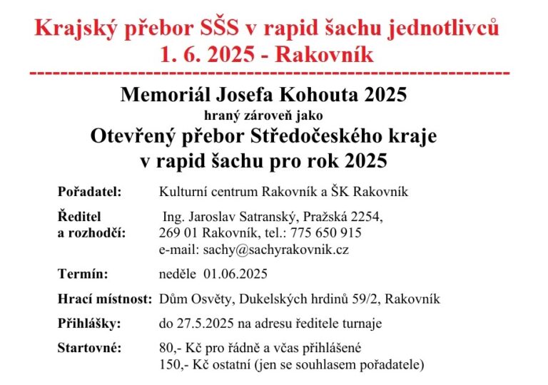 Memoriál Josefa Kohouta 2025 – rapid šach jednotlivci (KP SŠS)