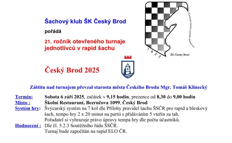 Český Brod 2025 – 21. ročník otevřeného turnaje jednotlivců v rapid šachu