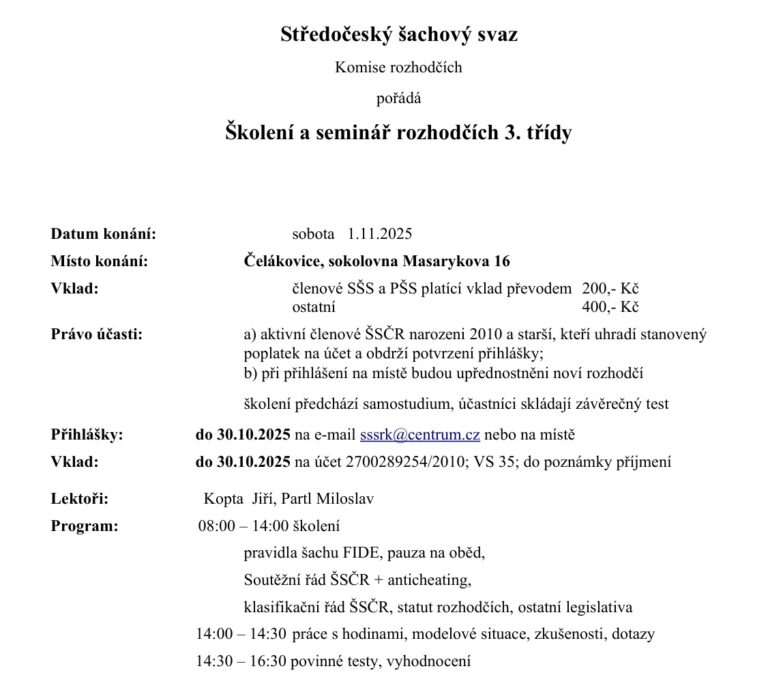 Školení a seminář rozhodčích R3 v Čelákovicích 1. 11. 2025