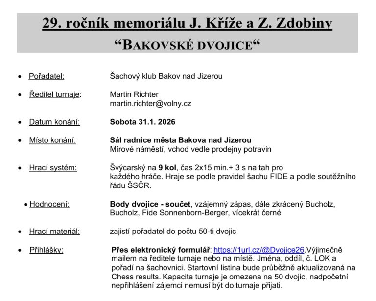 Bakov nad Jizerou – 29. ročník memoriálu J. Kříže a Z. Zdobiny “BAKOVSKÉ DVOJICE“