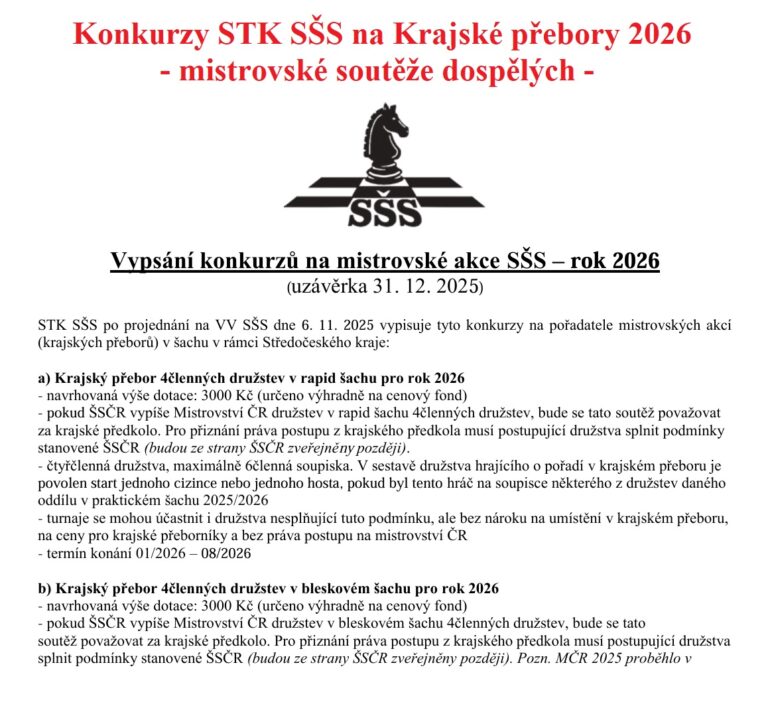 Vypsání konkurzů na mistrovské akce SŠS – rok 2026
