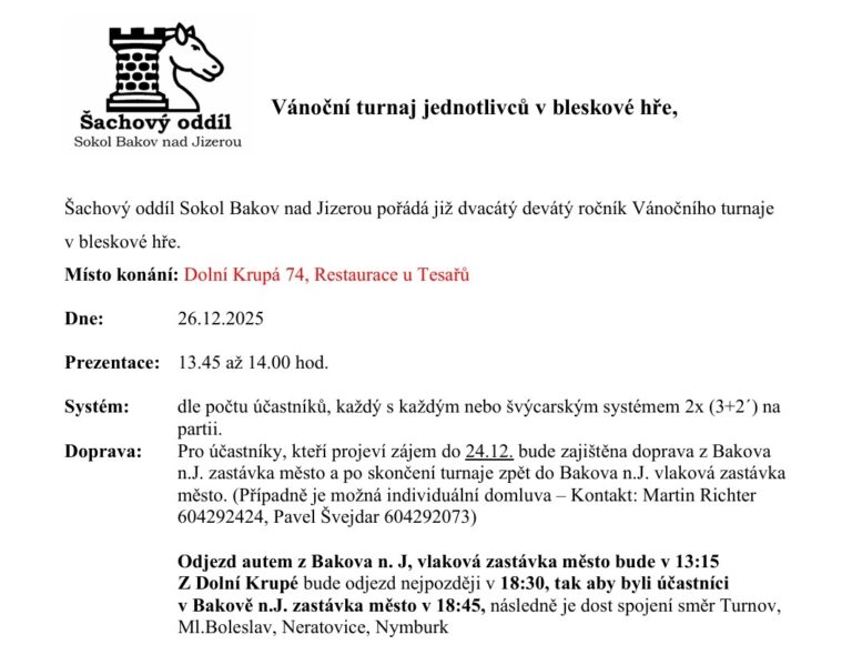 Bakov nad Jizerou – Vánoční turnaj jednotlivců v bleskové hře – 29. ročník
