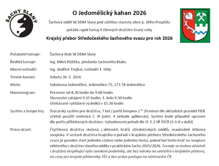 Turnaj O Jedomělický kahan 2026 hraný jako Krajský přebor v rapid šachu družstev