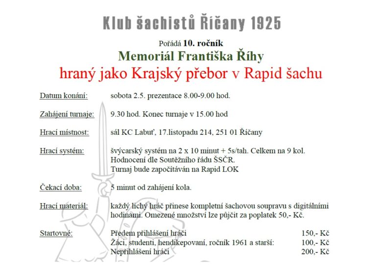 Memoriál Františka Říhy hraný jako Krajský přebor v rapid šachu jednotlivců